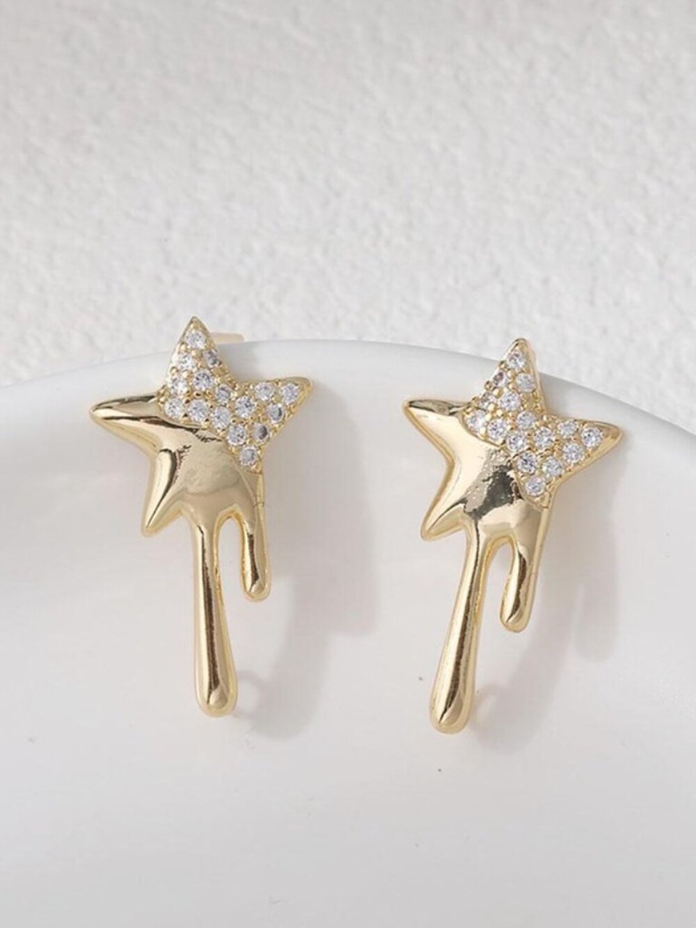 14K Gold Dipped Stainless Steel Hypoallergenic CZ Melting Star Stud Earrings